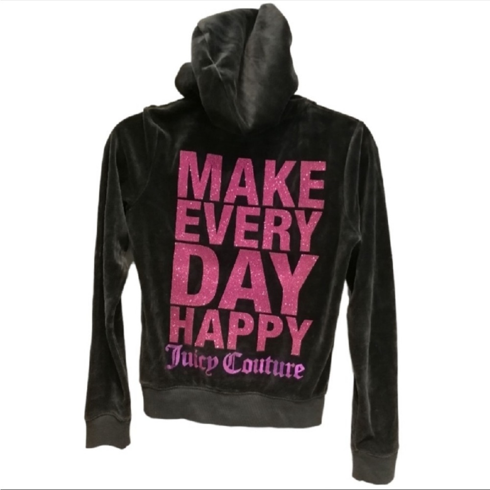 JUICY COUTURE Grey Velour Zip up Make Every Day Happy Glitter Graphic Med Y2K